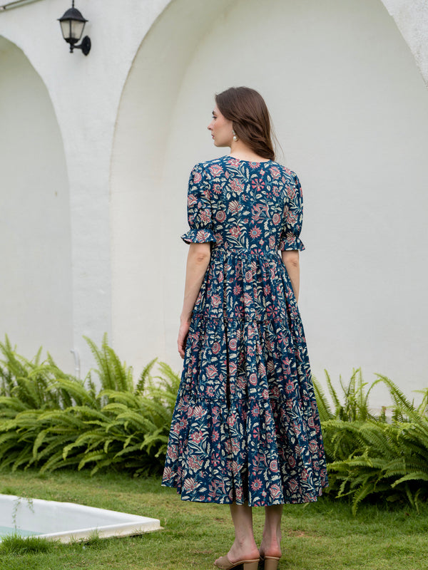 Blue Pure Cotton Printed Round Neck Half Sleeves Calf Length Dress Mizaz Jaipur