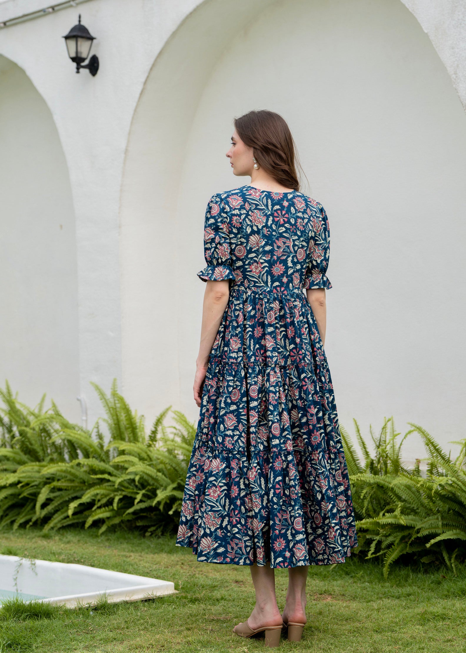 Blue Pure Cotton Printed Round Neck Half Sleeves Calf Length Dress Mizaz Jaipur