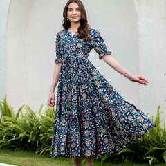 Blue Pure Cotton Printed Round Neck Half Sleeves Calf Length Dress Mizaz Jaipur