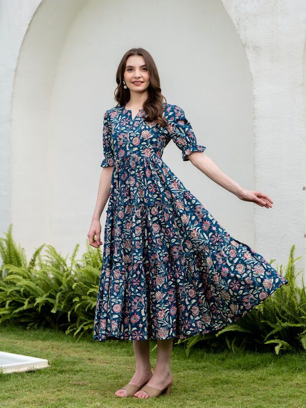 Blue Pure Cotton Printed Round Neck Half Sleeves Calf Length Dress Mizaz Jaipur