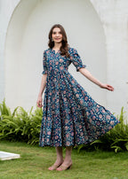 Blue Pure Cotton Printed Round Neck Half Sleeves Calf Length Dress Mizaz Jaipur