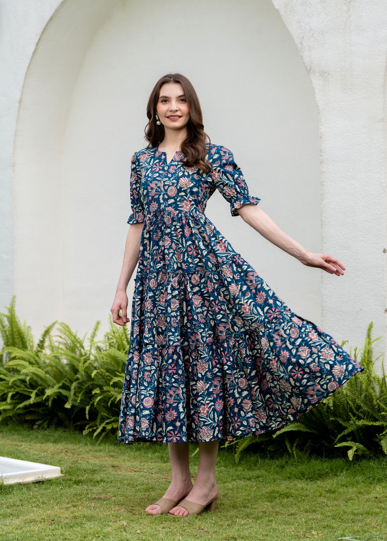 Blue Pure Cotton Printed Round Neck Half Sleeves Calf Length Dress Mizaz Jaipur