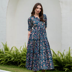 Blue Pure Cotton Printed Round Neck Half Sleeves Calf Length Dress Mizaz Jaipur