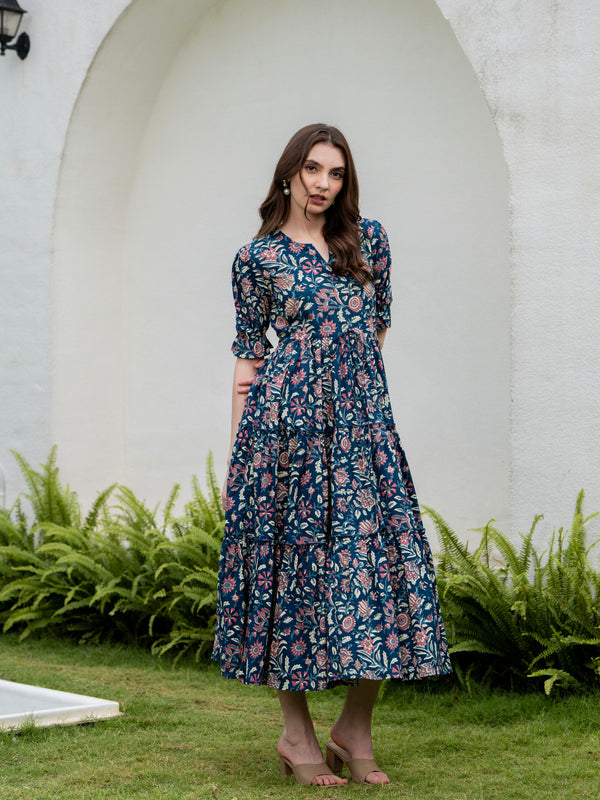 Blue Pure Cotton Printed Round Neck Half Sleeves Calf Length Dress Mizaz Jaipur