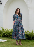 Blue Pure Cotton Printed Round Neck Half Sleeves Calf Length Dress Mizaz Jaipur