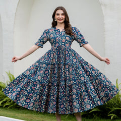 Blue Pure Cotton Printed Round Neck Half Sleeves Calf Length Dress Mizaz Jaipur