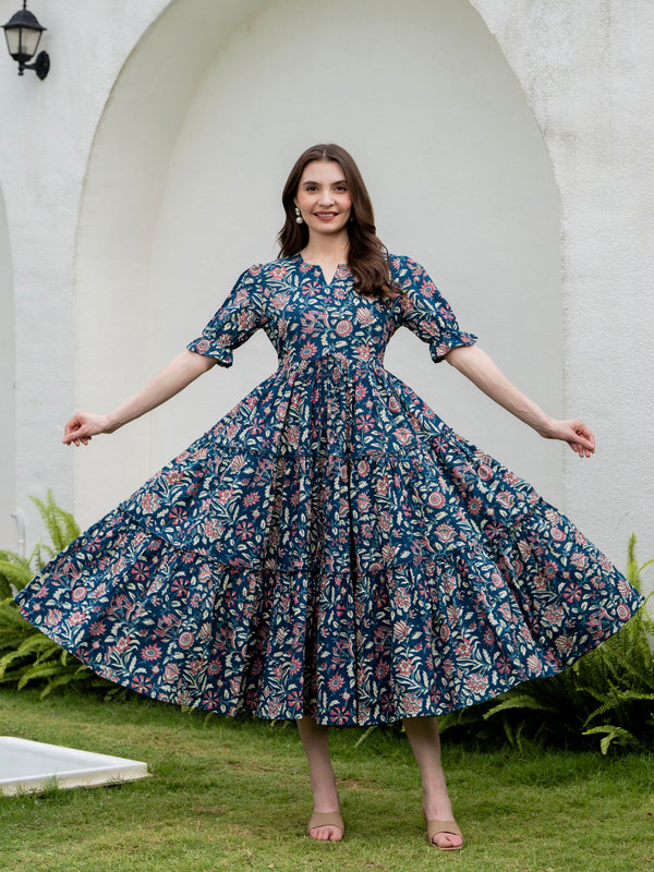 Blue Pure Cotton Printed Round Neck Half Sleeves Calf Length Dress Mizaz Jaipur