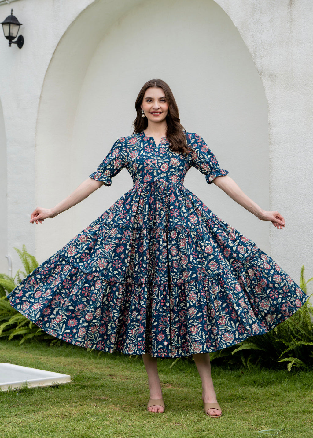 Blue Pure Cotton Printed Round Neck Half Sleeves Calf Length Dress Mizaz Jaipur