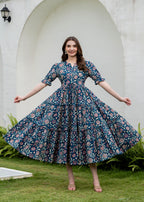 Blue Pure Cotton Printed Round Neck Half Sleeves Calf Length Dress Mizaz Jaipur