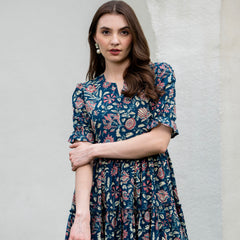 Blue Pure Cotton Printed Round Neck Half Sleeves Calf Length Dress Mizaz Jaipur
