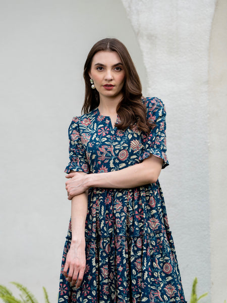 Blue Pure Cotton Printed Round Neck Half Sleeves Calf Length Dress Mizaz Jaipur