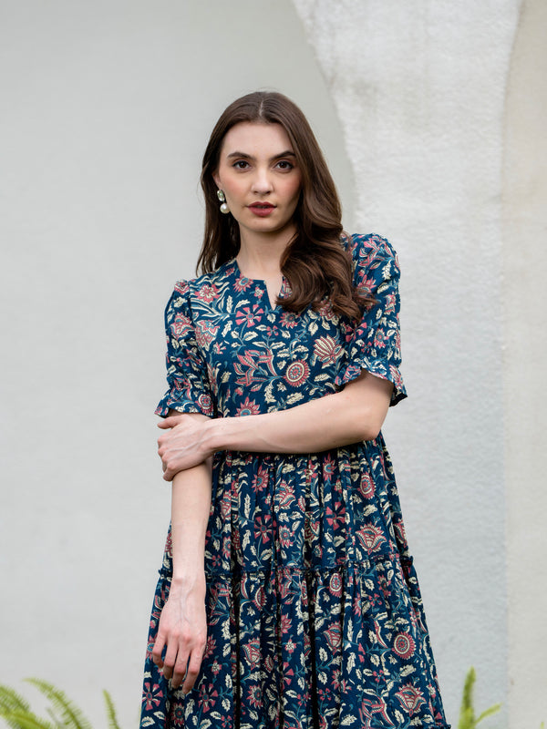 Blue Pure Cotton Printed Round Neck Half Sleeves Calf Length Dress Mizaz Jaipur