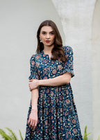 Blue Pure Cotton Printed Round Neck Half Sleeves Calf Length Dress Mizaz Jaipur