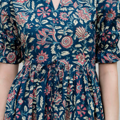 Blue Pure Cotton Printed Round Neck Half Sleeves Calf Length Dress Mizaz Jaipur