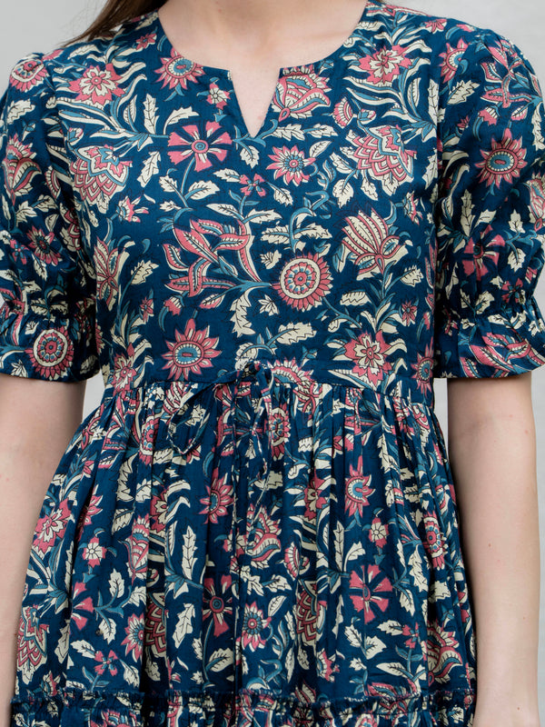 Blue Pure Cotton Printed Round Neck Half Sleeves Calf Length Dress Mizaz Jaipur