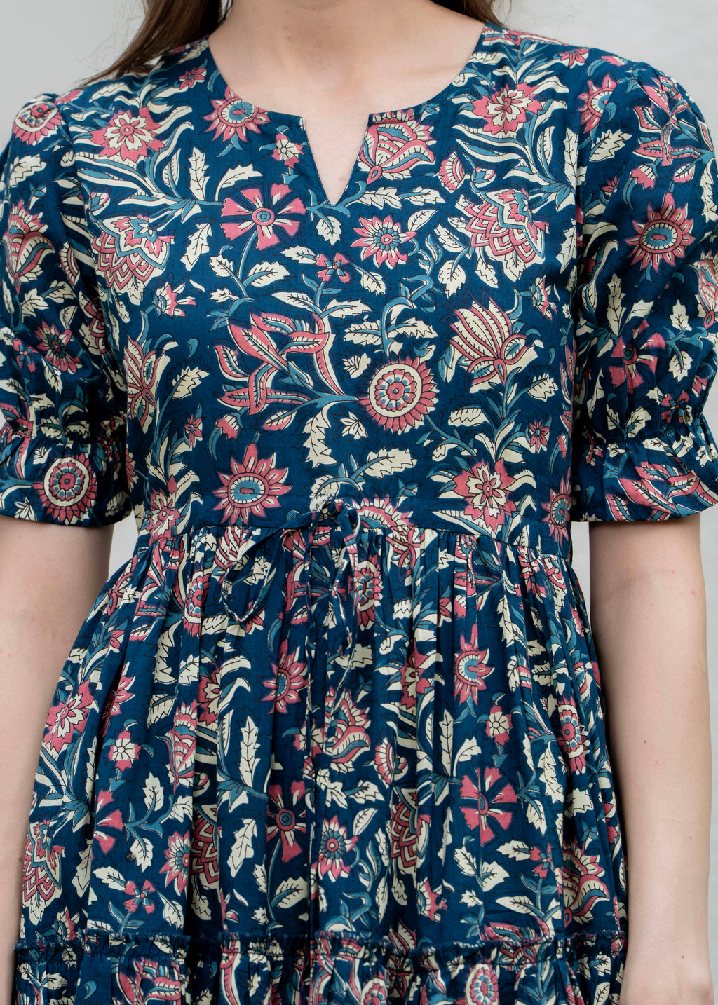 Blue Pure Cotton Printed Round Neck Half Sleeves Calf Length Dress Mizaz Jaipur