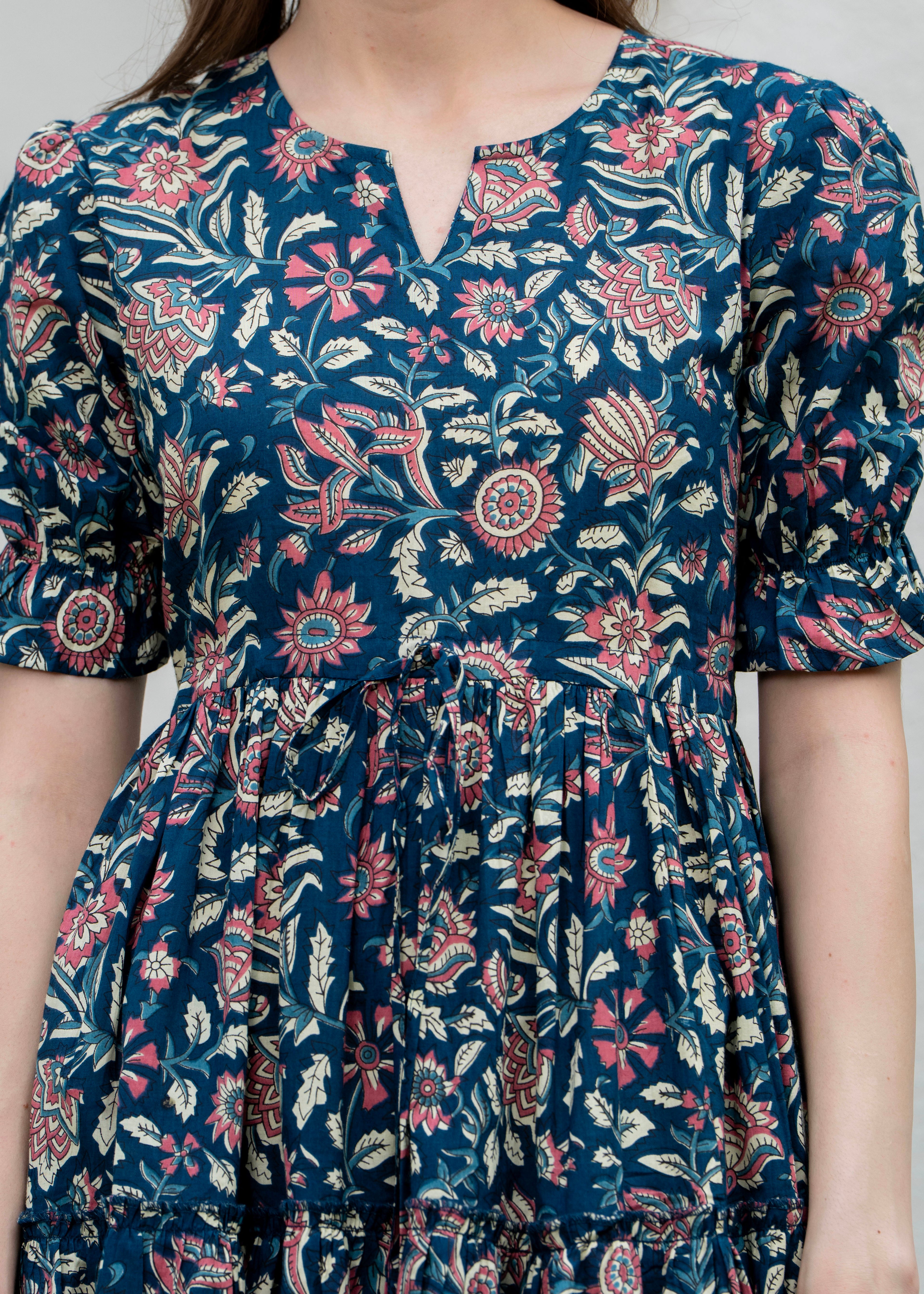 Blue Pure Cotton Printed Round Neck Half Sleeves Calf Length Dress Mizaz Jaipur