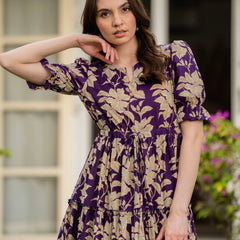 Purple Pure Cotton Printed Round Nack Half Sleeves Calf Length Dress Mizaz Jaipur