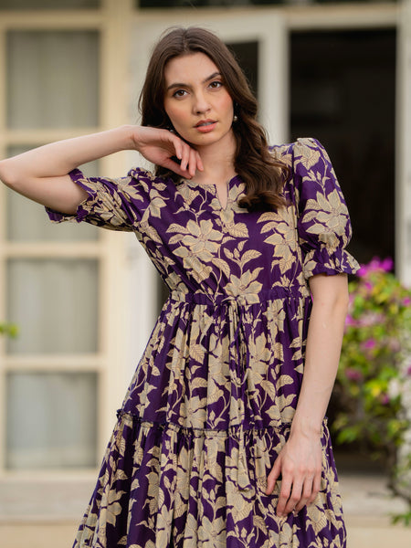 Purple Pure Cotton Printed Round Nack Half Sleeves Calf Length Dress Mizaz Jaipur