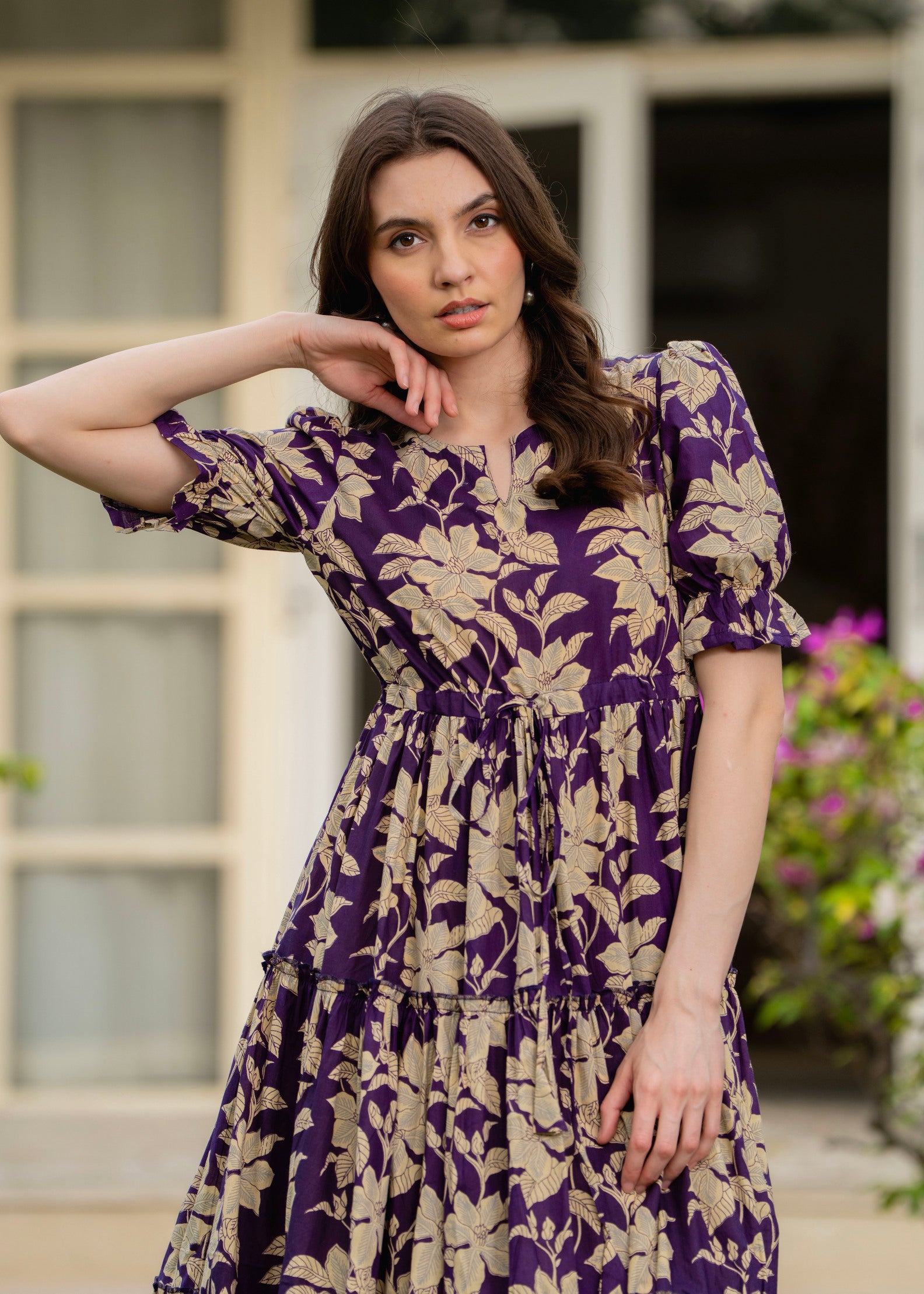 Purple Pure Cotton Printed Round Nack Half Sleeves Calf Length Dress Mizaz Jaipur