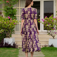Purple Pure Cotton Printed Round Nack Half Sleeves Calf Length Dress Mizaz Jaipur