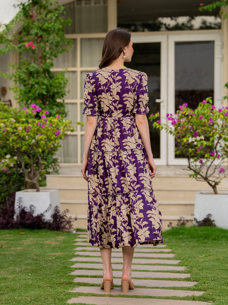 Purple Pure Cotton Printed Round Nack Half Sleeves Calf Length Dress Mizaz Jaipur