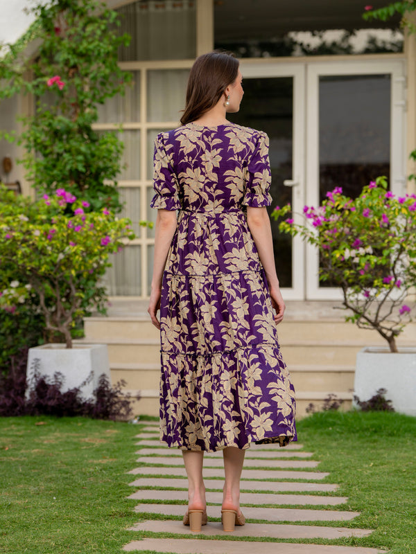 Purple Pure Cotton Printed Round Nack Half Sleeves Calf Length Dress Mizaz Jaipur