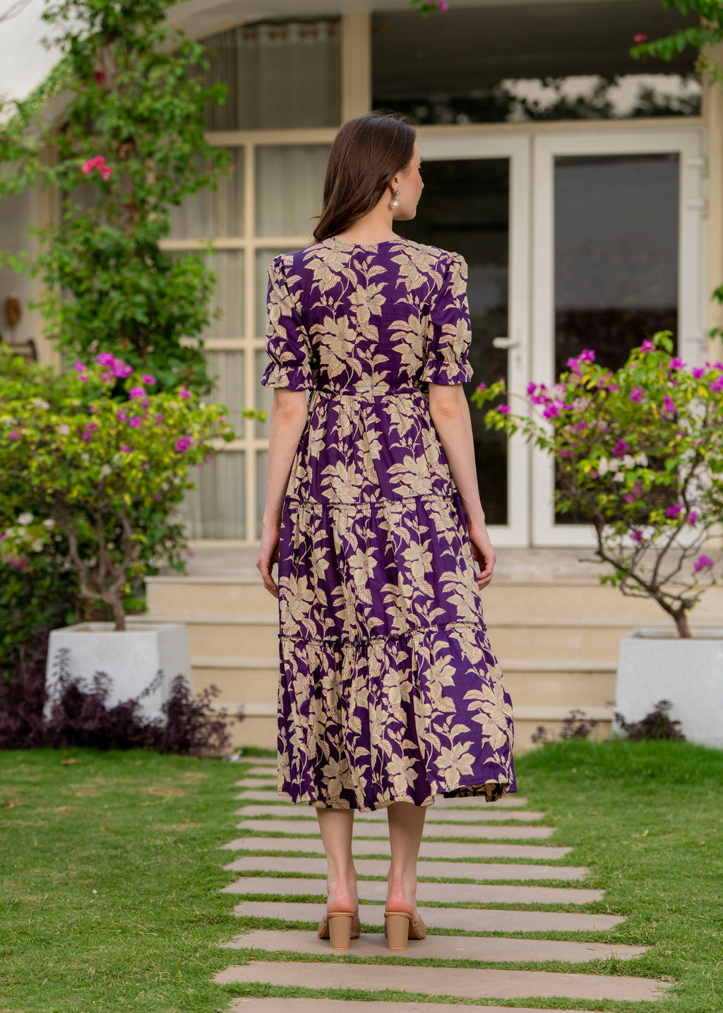Purple Pure Cotton Printed Round Nack Half Sleeves Calf Length Dress Mizaz Jaipur