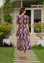 Purple Pure Cotton Printed Round Nack Half Sleeves Calf Length Dress Mizaz Jaipur
