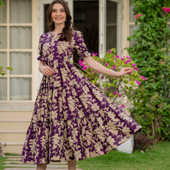 Purple Pure Cotton Printed Round Nack Half Sleeves Calf Length Dress Mizaz Jaipur