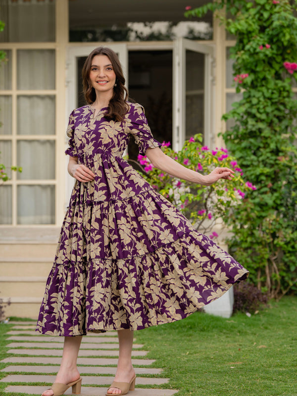 Purple Pure Cotton Printed Round Nack Half Sleeves Calf Length Dress Mizaz Jaipur