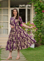Purple Pure Cotton Printed Round Nack Half Sleeves Calf Length Dress Mizaz Jaipur