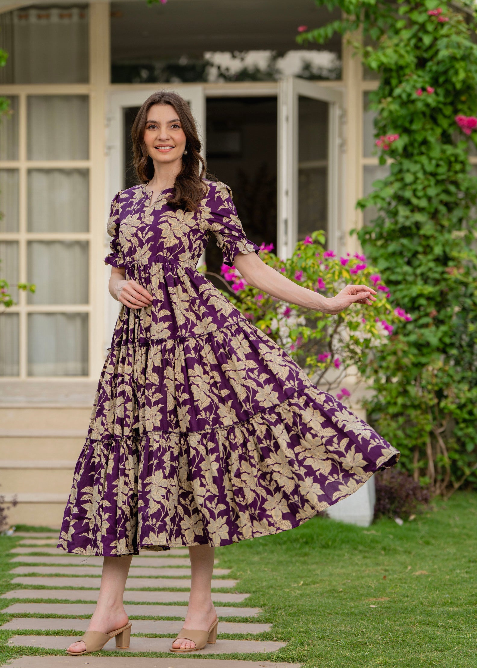 Purple Pure Cotton Printed Round Nack Half Sleeves Calf Length Dress Mizaz Jaipur