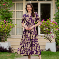 Purple Pure Cotton Printed Round Nack Half Sleeves Calf Length Dress Mizaz Jaipur