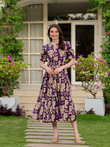 Purple Pure Cotton Printed Round Nack Half Sleeves Calf Length Dress Mizaz Jaipur