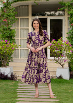 Purple Pure Cotton Printed Round Nack Half Sleeves Calf Length Dress Mizaz Jaipur