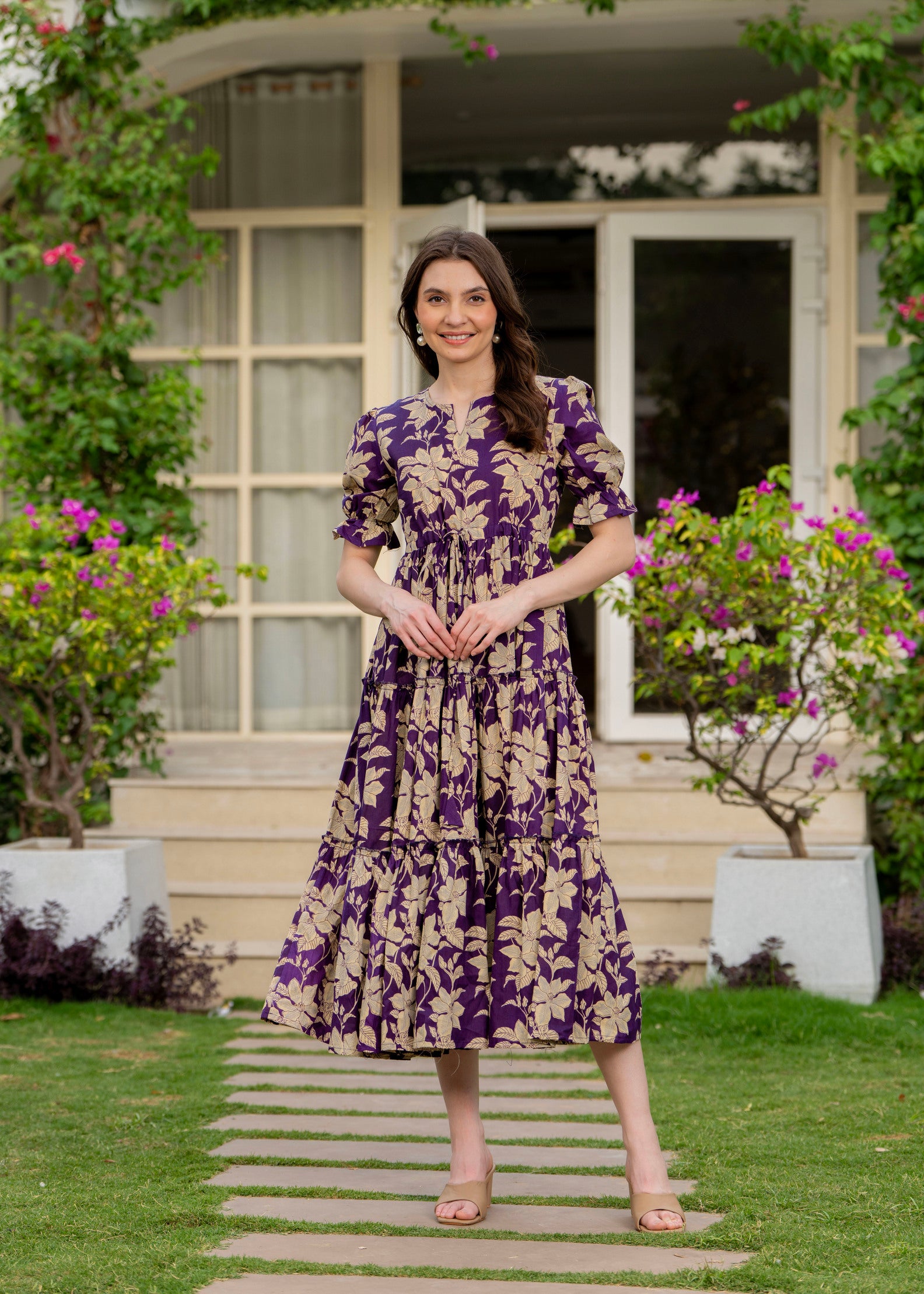 Purple Pure Cotton Printed Round Nack Half Sleeves Calf Length Dress Mizaz Jaipur