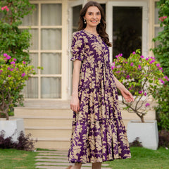 Purple Pure Cotton Printed Round Nack Half Sleeves Calf Length Dress Mizaz Jaipur