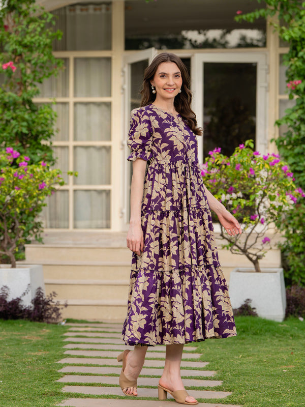 Purple Pure Cotton Printed Round Nack Half Sleeves Calf Length Dress Mizaz Jaipur