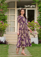 Purple Pure Cotton Printed Round Nack Half Sleeves Calf Length Dress Mizaz Jaipur