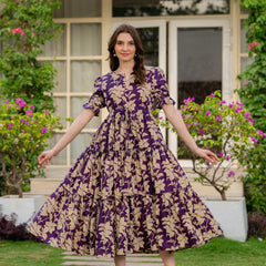 Purple Pure Cotton Printed Round Nack Half Sleeves Calf Length Dress Mizaz Jaipur