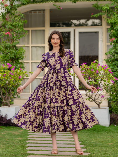 Purple Pure Cotton Printed Round Nack Half Sleeves Calf Length Dress Mizaz Jaipur