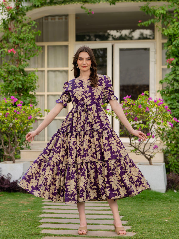Purple Pure Cotton Printed Round Nack Half Sleeves Calf Length Dress Mizaz Jaipur