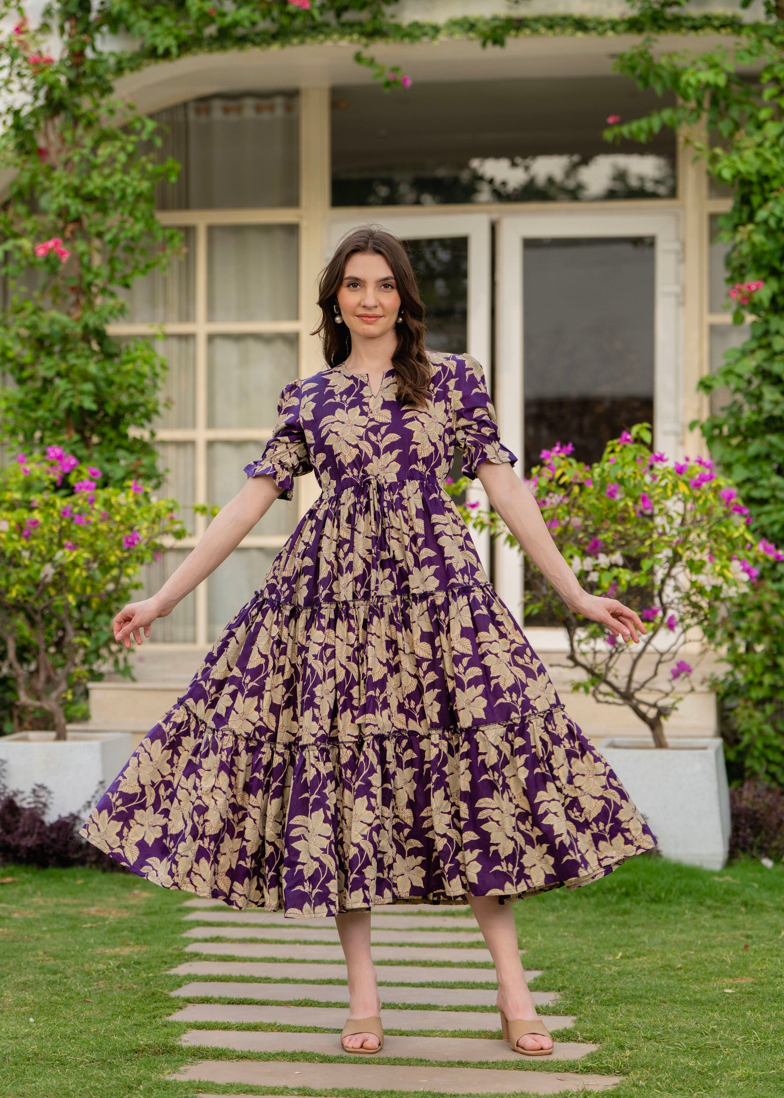 Purple Pure Cotton Printed Round Nack Half Sleeves Calf Length Dress Mizaz Jaipur