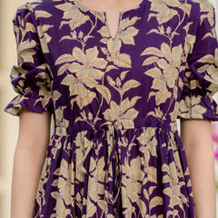 Purple Pure Cotton Printed Round Nack Half Sleeves Calf Length Dress Mizaz Jaipur