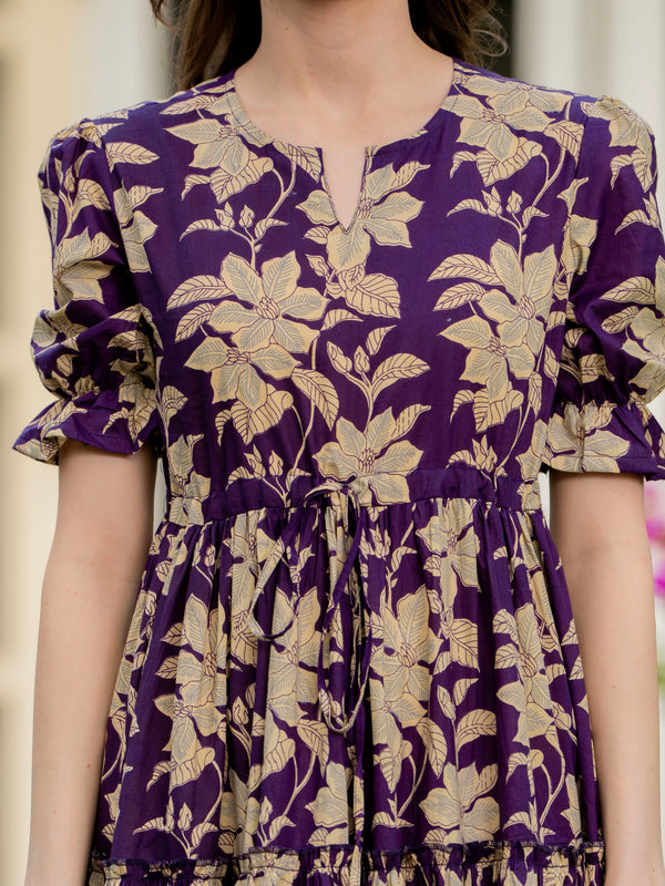 Purple Pure Cotton Printed Round Nack Half Sleeves Calf Length Dress Mizaz Jaipur