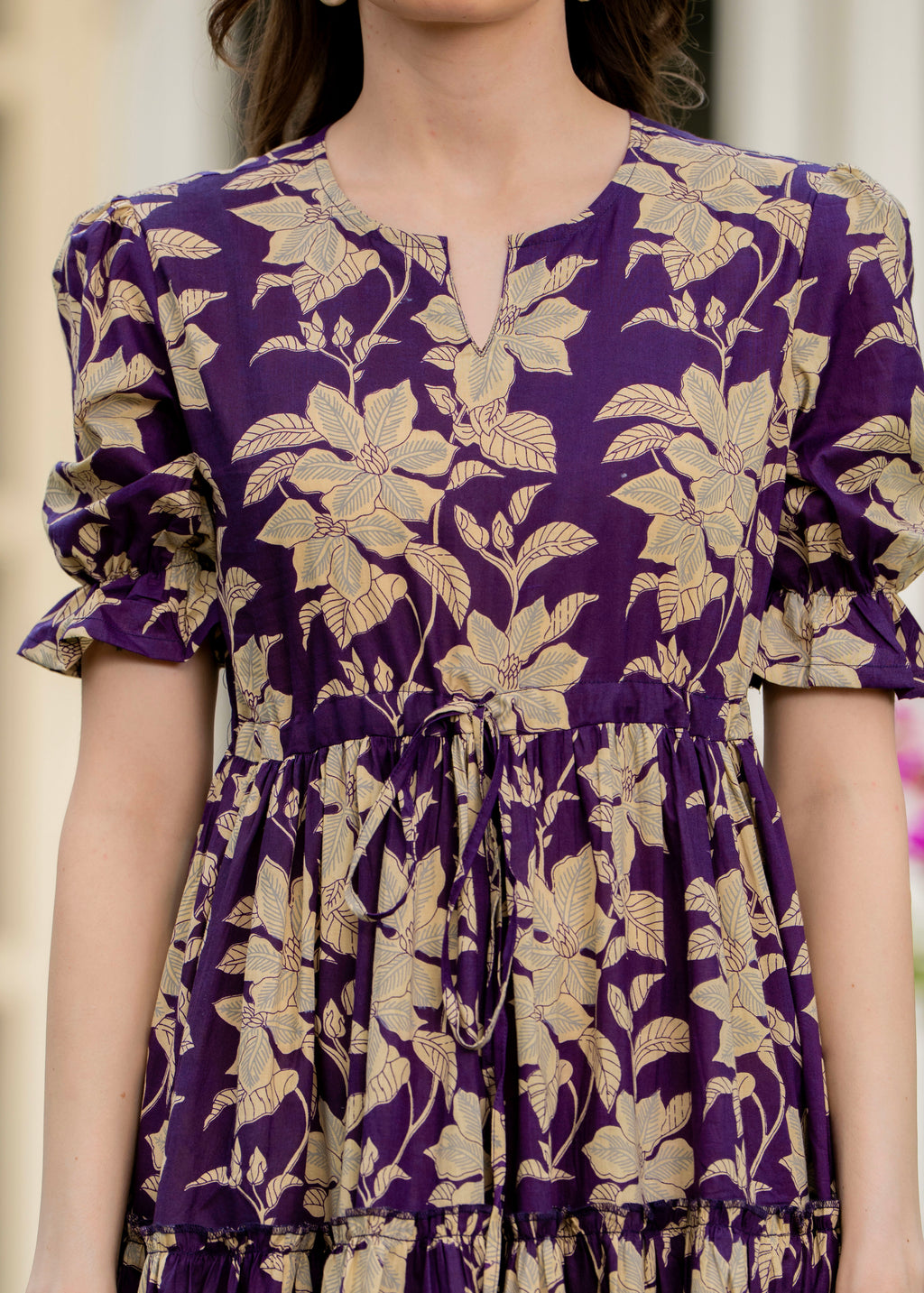 Purple Pure Cotton Printed Round Nack Half Sleeves Calf Length Dress Mizaz Jaipur