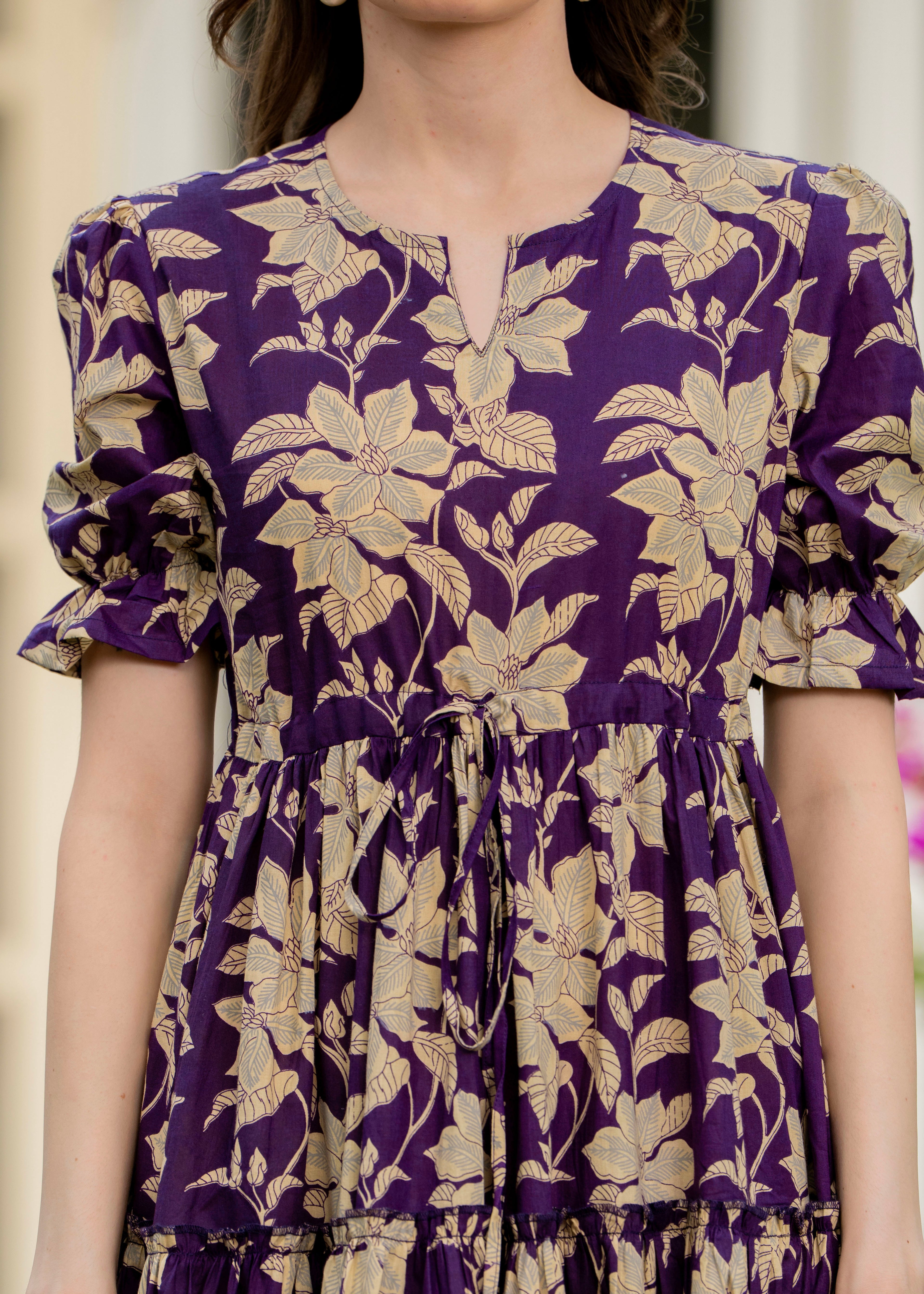 Purple Pure Cotton Printed Round Nack Half Sleeves Calf Length Dress Mizaz Jaipur