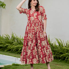 Red Pure Cotton Printed Round Neck Half Sleeves Calf Length Dress Mizaz Jaipur