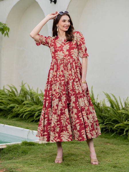Red Pure Cotton Printed Round Neck Half Sleeves Calf Length Dress Mizaz Jaipur
